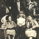 Georgia Allen Weaver, Age 7.  Taken in Coral Gables, Florida 1938.  John Yancey, Jr., age 76, Caroline Matilda Motz Yancey, age 68, Georgia Allen Weaver (Porge Buck), age 7 and Alda McDowell Motz Bird, age 65.  Porge with her grandmother and great "Aunt Sis" and Mr. Yancey, taken on a trip to Florida with her mother and grandmother after Porge's father died.