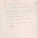 Back side of photo of Whitson Twins.  Talladega, Alabama.  Descendants of Samuel Price Carson and his Wife Catherin Wilson through their daughter Rebecca who married Joseph McDowell Whitson in 1854.  Located at Carson House in 2011.