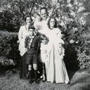 1962 Kuhl Family portrait, Em and oldest, Mary Glen, wearing Halloween costumes Em sewed